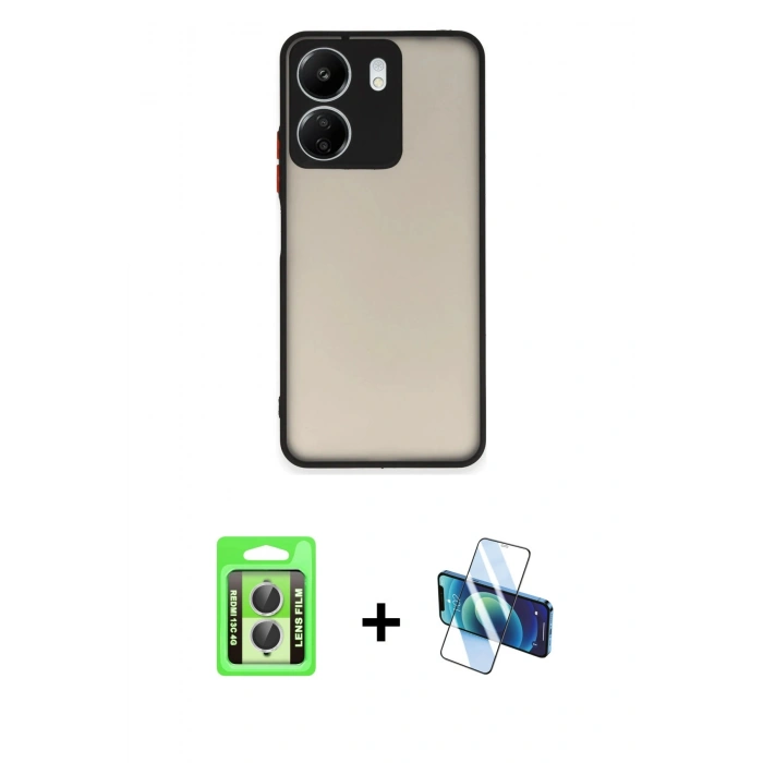 MARSİLYAN™- Redmi 13C Kılıf Ahenk Çizgi Serisi - Siyah 3D Antistatik Seramik Nano Ekran Koruyucu + Raze Metal Kamera Lens - GS