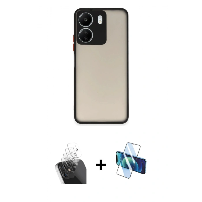 MARSİLYAN™- Redmi 13C Kılıf Ahenk Çizgi Serisi - Siyah 3D Antistatik Seramik Nano Ekran Koruyucu + Kamera Lens Koruma Cam - SF