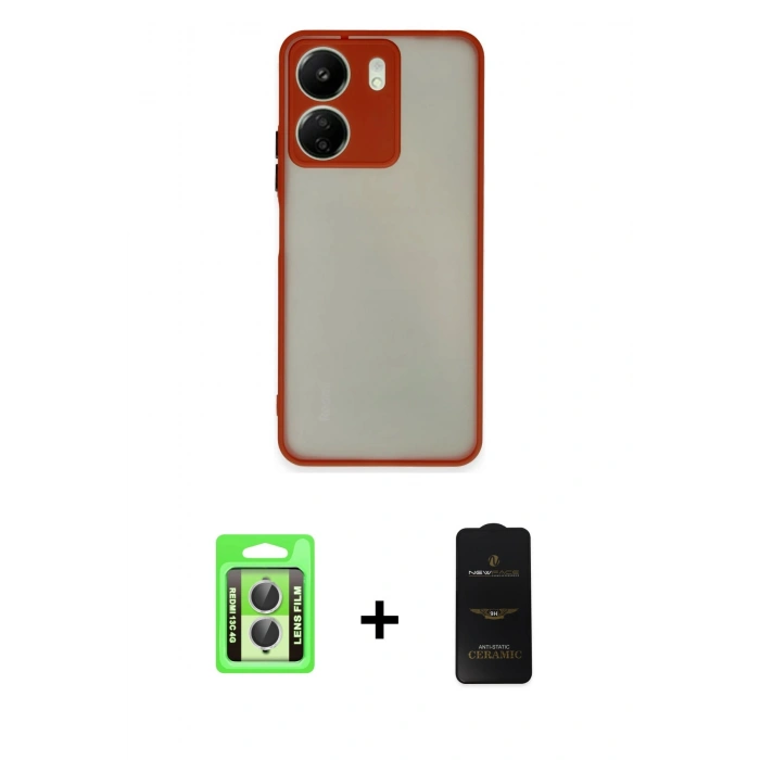 MARSİLYAN™- Redmi 13C Kılıf Ahenk Çizgi Serisi - Siyah 6D Antistatik Mat Seramik Hayalet Nano Ekran Koruyucu + Raze Metal Kamera Lens - GS