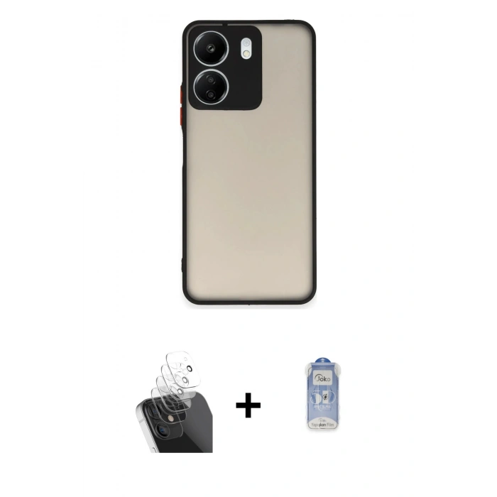 MARSİLYAN™- Redmi 13C Kılıf Ahenk Çizgi Serisi - Siyah Joko Magic 5D Cam + Kamera Lens Koruma Cam - SF
