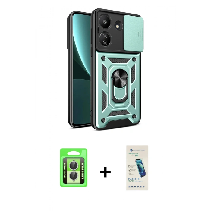 MARSİLYAN™- Redmi 13C Kılıf Ahenk Klasik - Şeffaf Pasifik Cam Ekran Koruyucu + Raze Metal Kamera Lens - GS