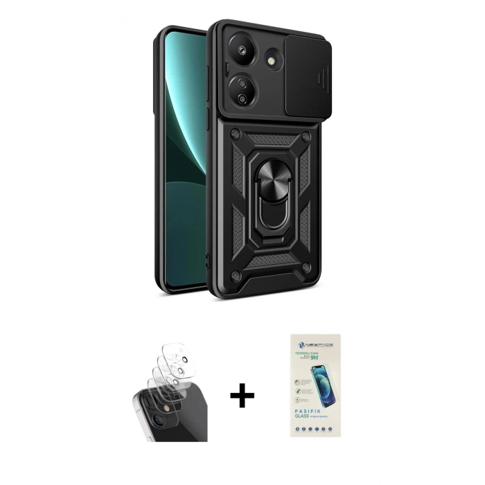 MARSİLYAN™- Redmi 13C Kılıf Ahenk Klasik - Şeffaf Pasifik Cam Ekran Koruyucu + Kamera Lens Koruma Cam - SF