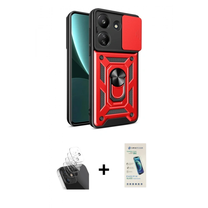 MARSİLYAN™- Redmi 13C Kılıf Ahenk Klasik - Şeffaf Pasifik Cam Ekran Koruyucu + Kamera Lens Koruma Cam - SF