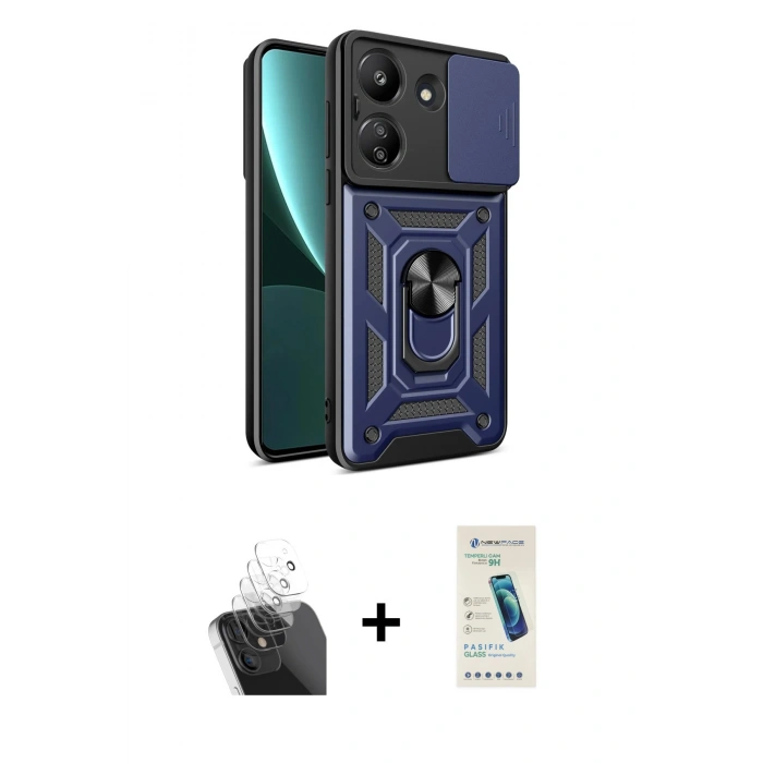 MARSİLYAN™- Redmi 13C Kılıf Ahenk Klasik - Şeffaf Pasifik Cam Ekran Koruyucu + Kamera Lens Koruma Cam - SF