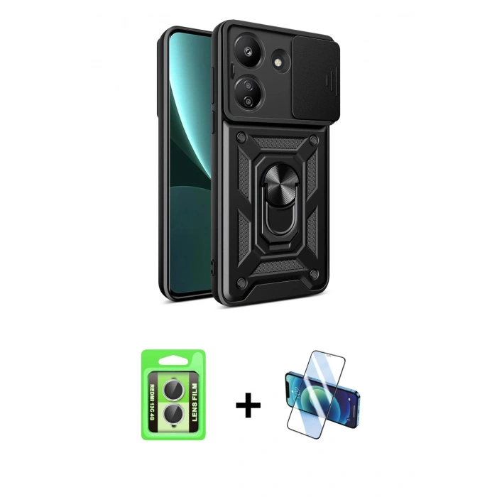 MARSİLYAN™- Redmi 13C Kılıf Ahenk Klasik - Siyah 3D Antistatik Seramik Nano Ekran Koruyucu + Raze Metal Kamera Lens - GS