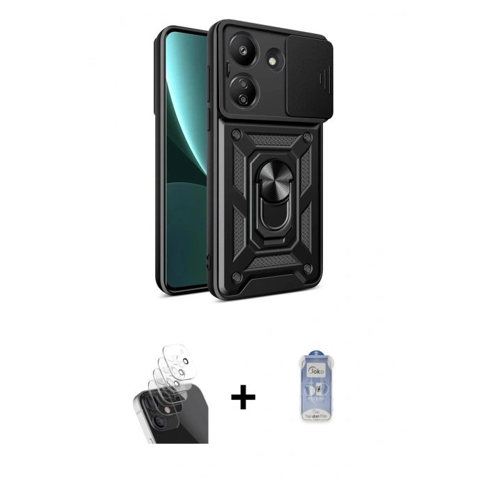 MARSİLYAN™- Redmi 13C Kılıf Ahenk Klasik - Siyah Joko Magic 5D Cam + Kamera Lens Koruma Cam - SF