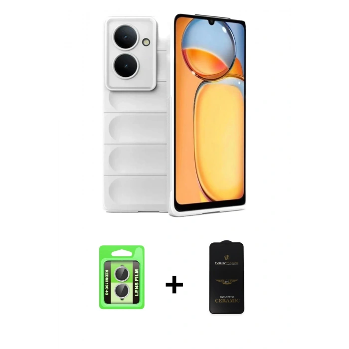 MARSİLYAN™- Redmi 13C Kılıf Atlas Koleksiyonu - Siyah 6D Antistatik Mat Seramik Hayalet Nano Ekran Koruyucu + Raze Metal Kamera Lens - GS