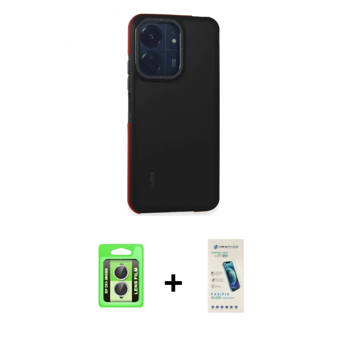 MARSİLYAN™- Redmi 13C Kılıf Eksen Işık - Şeffaf Pasifik Cam Ekran Koruyucu + Raze Metal Kamera Lens - GS