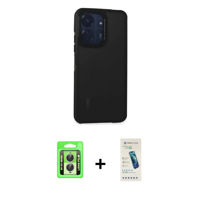 MARSİLYAN™- Redmi 13C Kılıf Eksen Işık - Şeffaf Pasifik Cam Ekran Koruyucu + Raze Metal Kamera Lens - GS