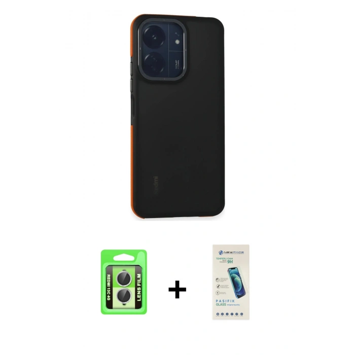 MARSİLYAN™- Redmi 13C Kılıf Eksen Işık - Şeffaf Pasifik Cam Ekran Koruyucu + Raze Metal Kamera Lens - GS