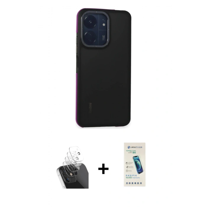 MARSİLYAN™- Redmi 13C Kılıf Eksen Işık - Şeffaf Pasifik Cam Ekran Koruyucu + Kamera Lens Koruma Cam - SF