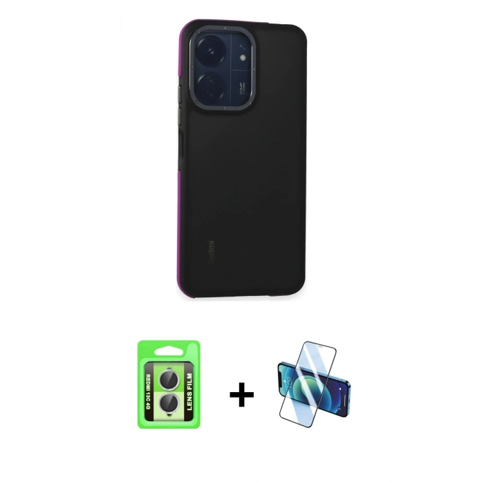 MARSİLYAN™- Redmi 13C Kılıf Eksen Işık - Siyah 3D Antistatik Seramik Nano Ekran Koruyucu + Raze Metal Kamera Lens - GS