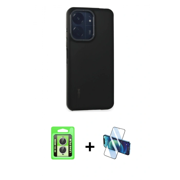 MARSİLYAN™- Redmi 13C Kılıf Eksen Işık - Siyah 3D Antistatik Seramik Nano Ekran Koruyucu + Raze Metal Kamera Lens - GS