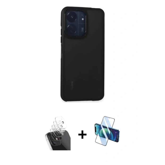 MARSİLYAN™- Redmi 13C Kılıf Eksen Işık - Siyah 3D Antistatik Seramik Nano Ekran Koruyucu + Kamera Lens Koruma Cam - SF