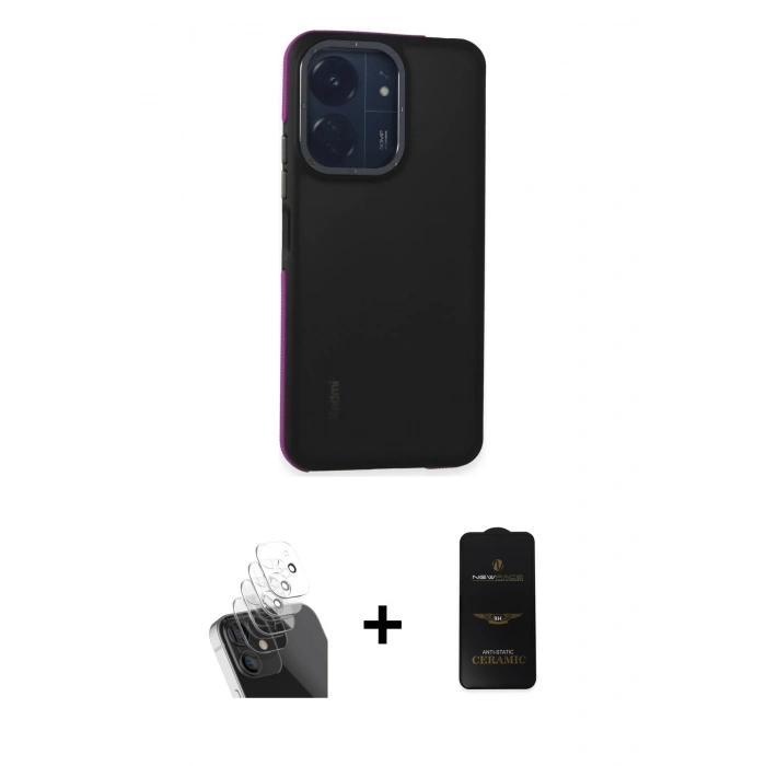 MARSİLYAN™- Redmi 13C Kılıf Eksen Işık - Siyah 6D Antistatik Mat Seramik Hayalet Nano Ekran Koruyucu + Kamera Lens Koruma Cam - SF