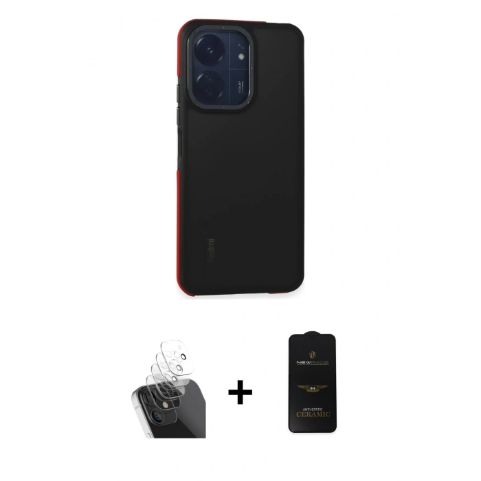 MARSİLYAN™- Redmi 13C Kılıf Eksen Işık - Siyah 6D Antistatik Mat Seramik Hayalet Nano Ekran Koruyucu + Kamera Lens Koruma Cam - SF