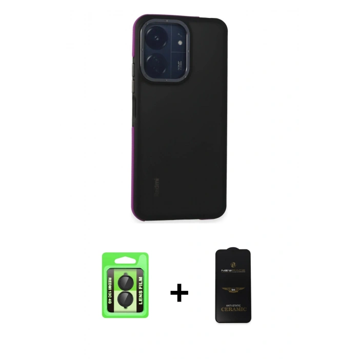 MARSİLYAN™- Redmi 13C Kılıf Eksen Işık - Siyah 6D Antistatik Mat Seramik Hayalet Nano Ekran Koruyucu + Raze Metal Kamera Lens - SH