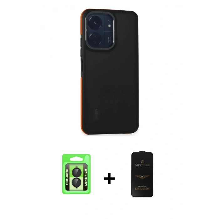 MARSİLYAN™- Redmi 13C Kılıf Eksen Işık - Siyah 6D Antistatik Mat Seramik Hayalet Nano Ekran Koruyucu + Raze Metal Kamera Lens - SH