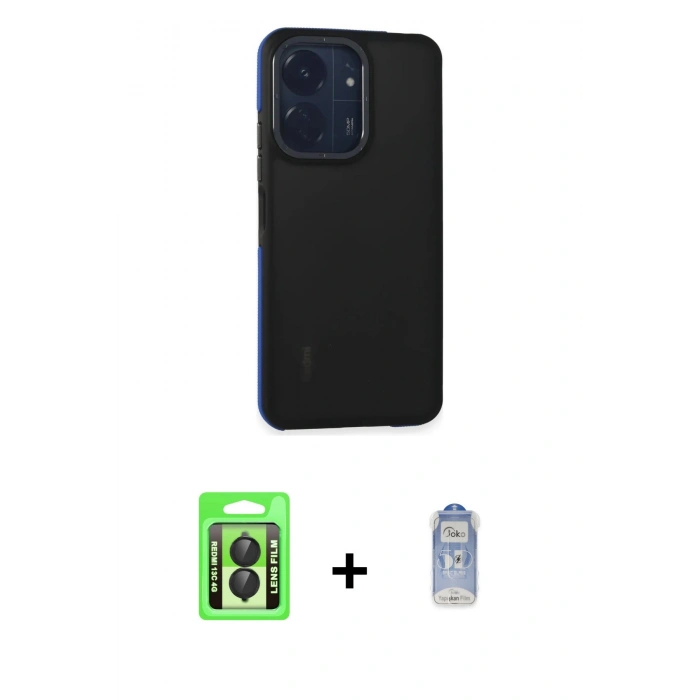 MARSİLYAN™- Redmi 13C Kılıf Eksen Işık - Siyah Joko Magic 5D Cam + Raze Metal Kamera Lens - SH