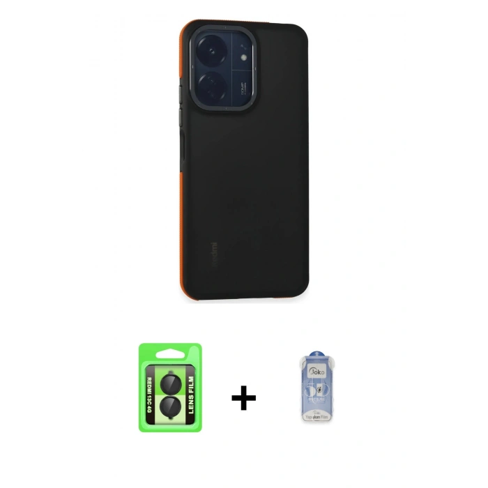 MARSİLYAN™- Redmi 13C Kılıf Eksen Işık - Siyah Joko Magic 5D Cam + Raze Metal Kamera Lens - SH