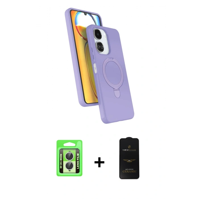 MARSİLYAN™- Redmi 13C Kılıf İz Işık Koleksiyonu - Siyah 6D Antistatik Mat Seramik Hayalet Nano Ekran Koruyucu + Raze Metal Kamera Lens - GS