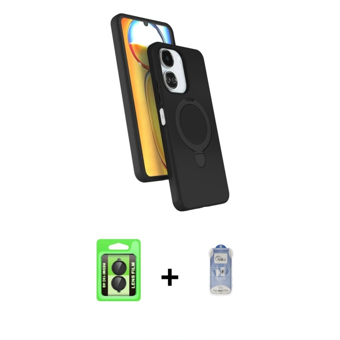 MARSİLYAN™- Redmi 13C Kılıf İz Işık Koleksiyonu - Siyah Joko Magic 5D Cam + Raze Metal Kamera Lens - SH