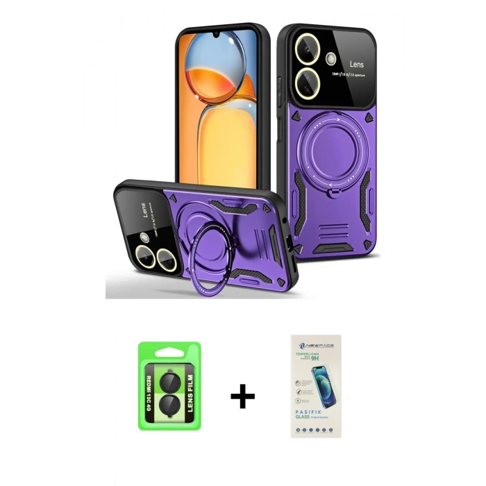 MARSİLYAN™- Redmi 13C Kılıf Kıvılcım Modern Serisi - Şeffaf Pasifik Cam Ekran Koruyucu + Raze Metal Kamera Lens - SH