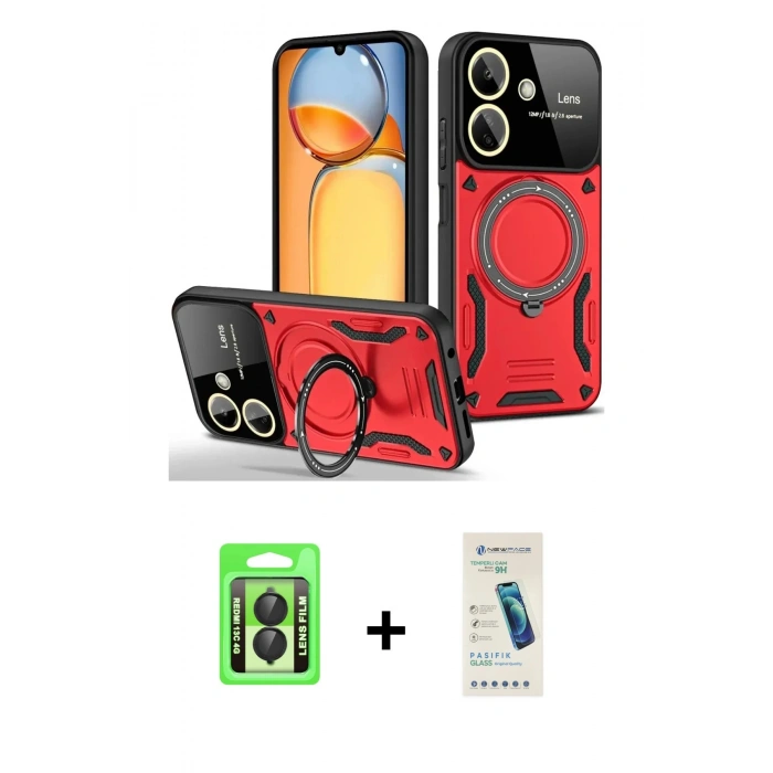 MARSİLYAN™- Redmi 13C Kılıf Kıvılcım Modern Serisi - Şeffaf Pasifik Cam Ekran Koruyucu + Raze Metal Kamera Lens - SH