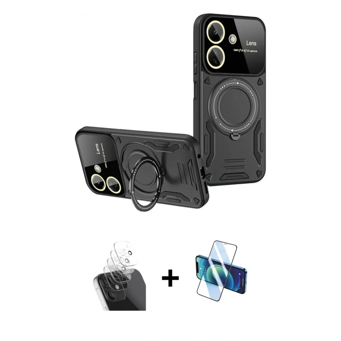 MARSİLYAN™- Redmi 13C Kılıf Kıvılcım Modern Serisi - Siyah 3D Antistatik Cam Ekran Koruyucu + Kamera Lens Koruma Cam - SF