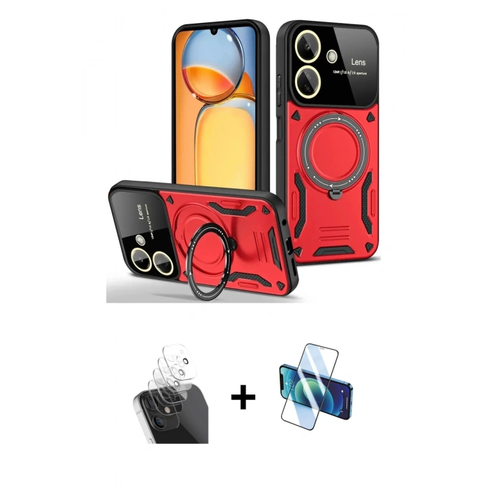 MARSİLYAN™- Redmi 13C Kılıf Kıvılcım Modern Serisi - Siyah 3D Antistatik Cam Ekran Koruyucu + Kamera Lens Koruma Cam - SF
