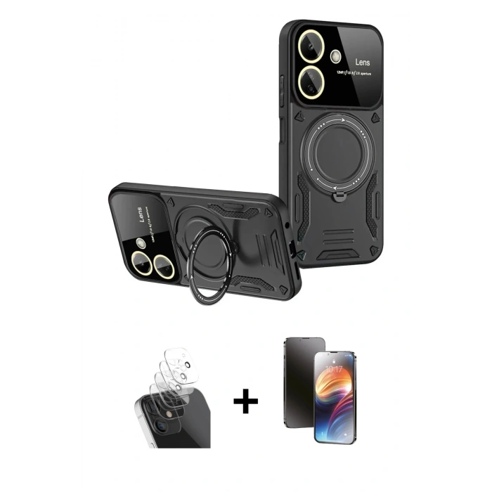 MARSİLYAN™- Redmi 13C Kılıf Kıvılcım Modern Serisi - Siyah 3D Antistatik Mat Seramik Nano Ekran Koruyucu + Kamera Lens Koruma Cam - SF