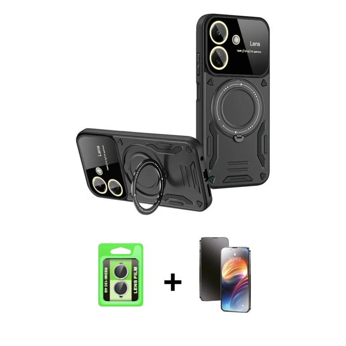 MARSİLYAN™- Redmi 13C Kılıf Kıvılcım Modern Serisi - Siyah 3D Antistatik Mat Seramik Nano Ekran Koruyucu + Raze Metal Kamera Lens - GS