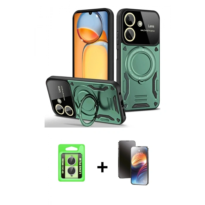 MARSİLYAN™- Redmi 13C Kılıf Kıvılcım Modern Serisi - Siyah 3D Antistatik Mat Seramik Nano Ekran Koruyucu + Raze Metal Kamera Lens - GS