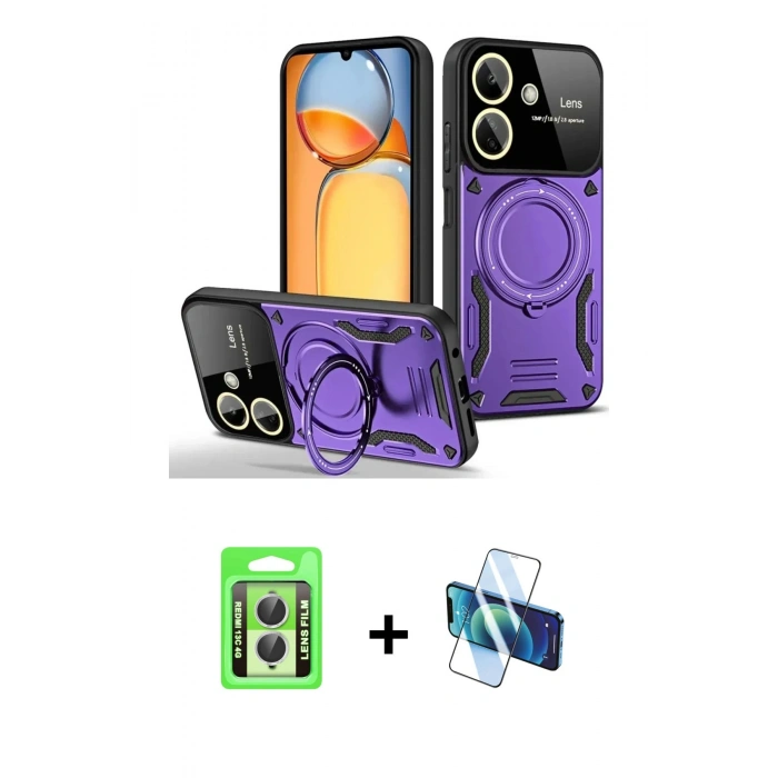 MARSİLYAN™- Redmi 13C Kılıf Kıvılcım Modern Serisi - Siyah 3D Antistatik Seramik Nano Ekran Koruyucu + Raze Metal Kamera Lens - GS