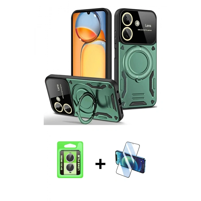 MARSİLYAN™- Redmi 13C Kılıf Kıvılcım Modern Serisi - Siyah 3D Antistatik Seramik Nano Ekran Koruyucu + Raze Metal Kamera Lens - GS