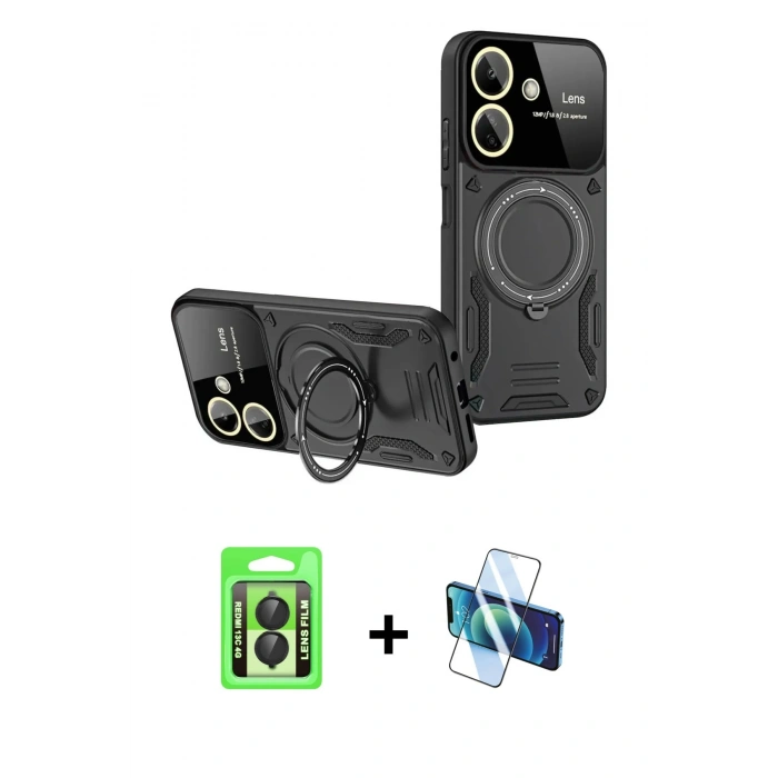 MARSİLYAN™- Redmi 13C Kılıf Kıvılcım Modern Serisi - Siyah 3D Antistatik Seramik Nano Ekran Koruyucu + Raze Metal Kamera Lens - SH