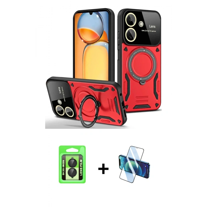 MARSİLYAN™- Redmi 13C Kılıf Kıvılcım Modern Serisi - Siyah 3D Antistatik Seramik Nano Ekran Koruyucu + Raze Metal Kamera Lens - SH