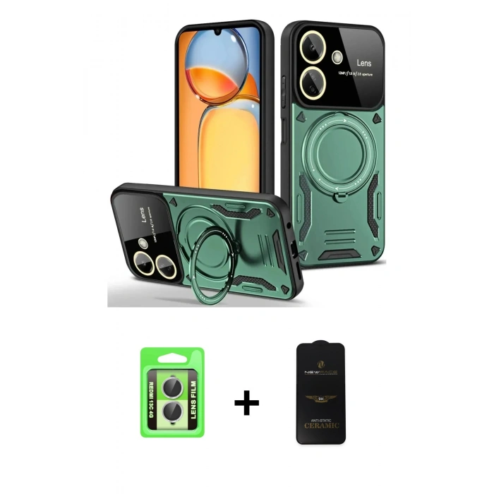 MARSİLYAN™- Redmi 13C Kılıf Kıvılcım Modern Serisi - Siyah 6D Antistatik Mat Seramik Hayalet Nano Ekran Koruyucu + Raze Metal Kamera Lens - GS