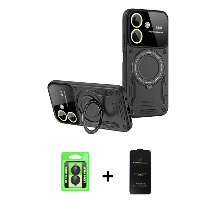 MARSİLYAN™- Redmi 13C Kılıf Kıvılcım Modern Serisi - Siyah 6D Antistatik Mat Seramik Hayalet Nano Ekran Koruyucu + Raze Metal Kamera Lens - SH