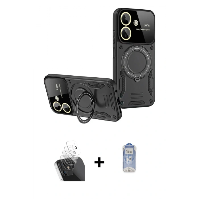 MARSİLYAN™- Redmi 13C Kılıf Kıvılcım Modern Serisi - Siyah Joko Magic 5D Cam + Kamera Lens Koruma Cam - SF