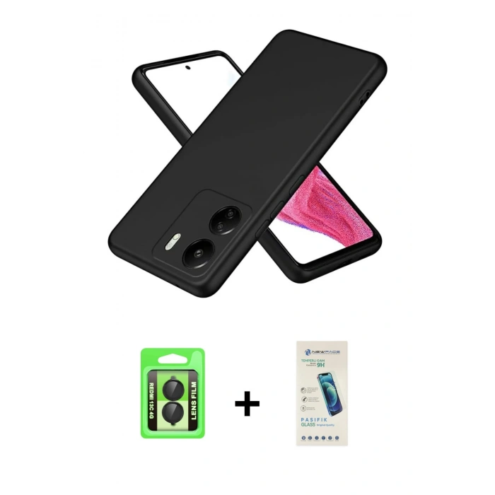 MARSİLYAN™- Redmi 13C Kılıf Kozmos Yansıma Özel Seri - Şeffaf Pasifik Cam Ekran Koruyucu + Raze Metal Kamera Lens - SH