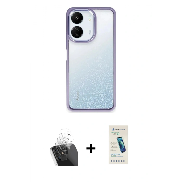 MARSİLYAN™- Redmi 13C Kılıf Nova Işık Serisi - Şeffaf Pasifik Cam Ekran Koruyucu + Kamera Lens Koruma Cam - SF
