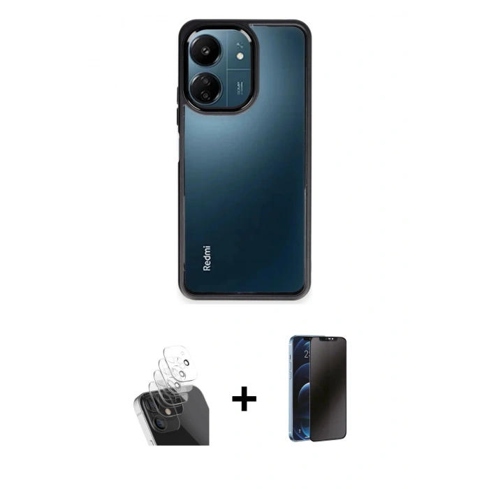 MARSİLYAN™- Redmi 13C Kılıf Nova Işık Serisi - Siyah 3D Antistatik Hayalet Cam Ekran Koruyucu + Kamera Lens Koruma Cam - SF