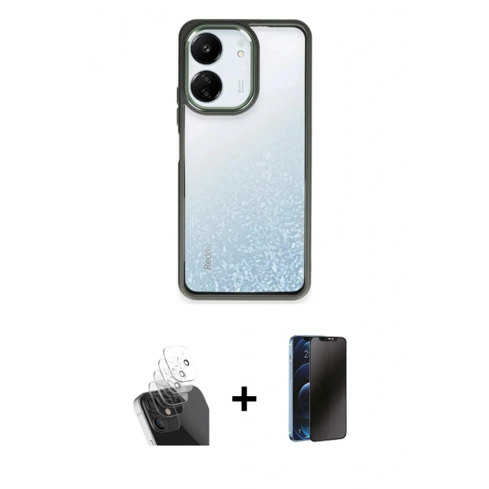 MARSİLYAN™- Redmi 13C Kılıf Nova Işık Serisi - Siyah 3D Antistatik Hayalet Cam Ekran Koruyucu + Kamera Lens Koruma Cam - SF