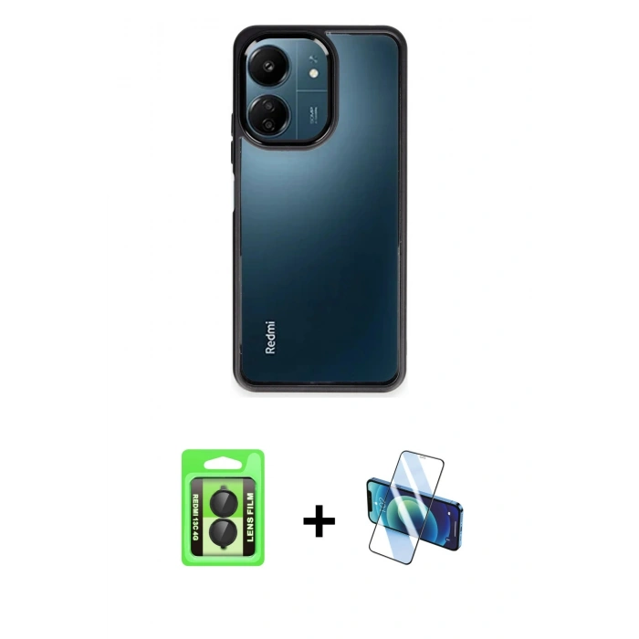 MARSİLYAN™- Redmi 13C Kılıf Nova Işık Serisi - Siyah 3D Antistatik Seramik Nano Ekran Koruyucu + Raze Metal Kamera Lens - SH