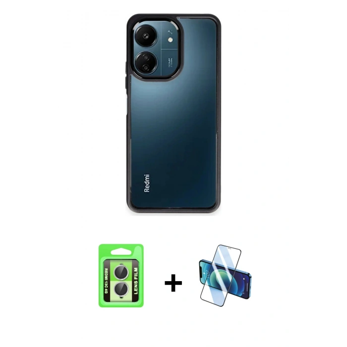 MARSİLYAN™- Redmi 13C Kılıf Nova Işık Serisi - Siyah 3D Antistatik Seramik Nano Ekran Koruyucu + Raze Metal Kamera Lens - GS