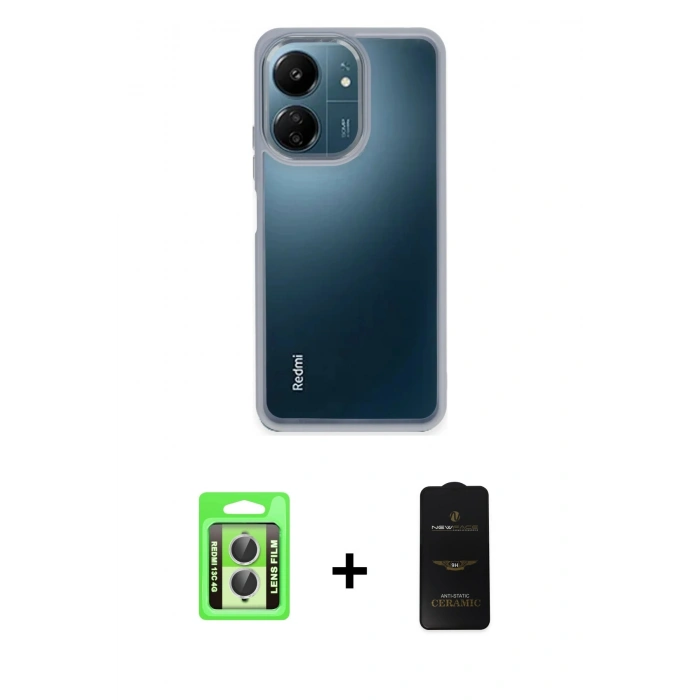 MARSİLYAN™- Redmi 13C Kılıf Nova Işık Serisi - Siyah 6D Antistatik Mat Seramik Hayalet Nano Ekran Koruyucu + Raze Metal Kamera Lens - GS