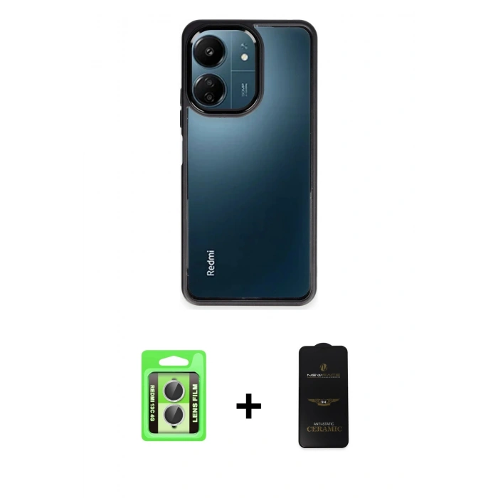 MARSİLYAN™- Redmi 13C Kılıf Nova Işık Serisi - Siyah 6D Antistatik Mat Seramik Hayalet Nano Ekran Koruyucu + Raze Metal Kamera Lens - GS
