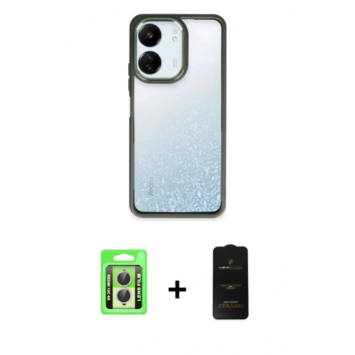 MARSİLYAN™- Redmi 13C Kılıf Nova Işık Serisi - Siyah 6D Antistatik Mat Seramik Hayalet Nano Ekran Koruyucu + Raze Metal Kamera Lens - GS
