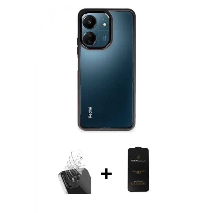 MARSİLYAN™- Redmi 13C Kılıf Nova Işık Serisi - Siyah 6D Antistatik Mat Seramik Hayalet Nano Ekran Koruyucu + Kamera Lens Koruma Cam - SF